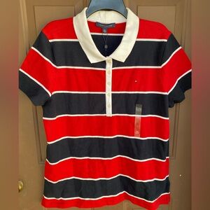 Tommy Hilfiger Womens Striped Collar Polo Shirt, Red, white, blue NWT XL $54